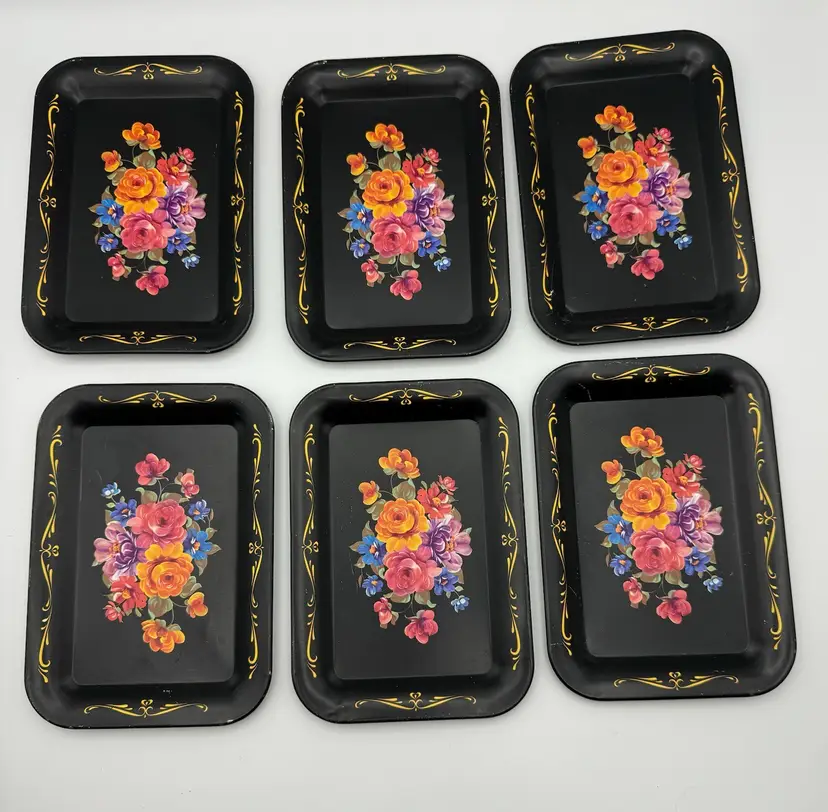 Vintage Set of 6 Toleware Metal Black Trays Beautiful Floral Pattern