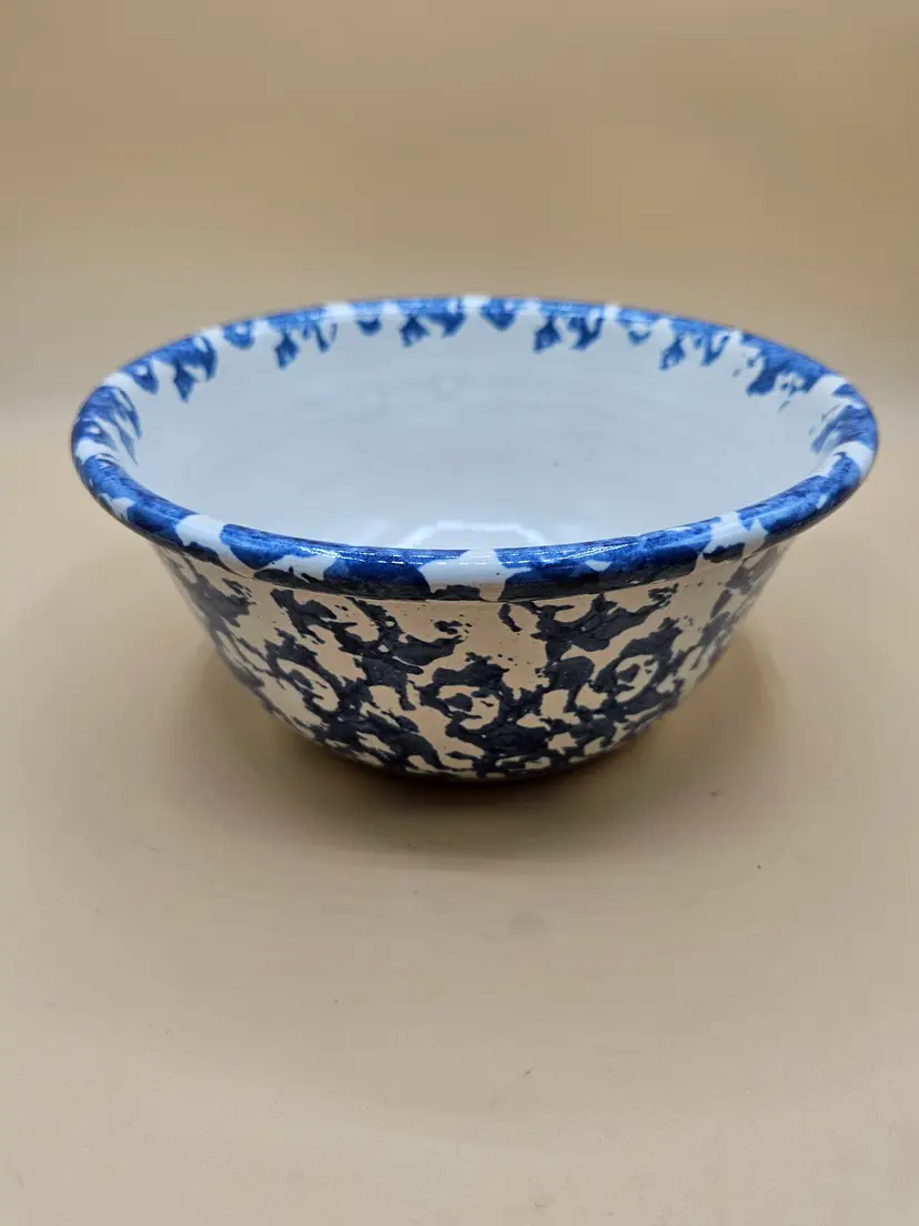 1991 Conner Prairie Blue Spongeware 7.5" x 4" Pottery Serving Bowl, Signed R.G.
