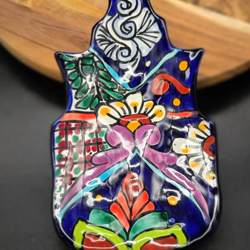 Talavera Mexican Art Pottery 3 Section Spoon Rest Cobalt Floral.