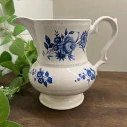 Vintage Ironstone Lord Nelson Pottery Pitcher, made in England in blue floral, vintage blue and white floral pattern