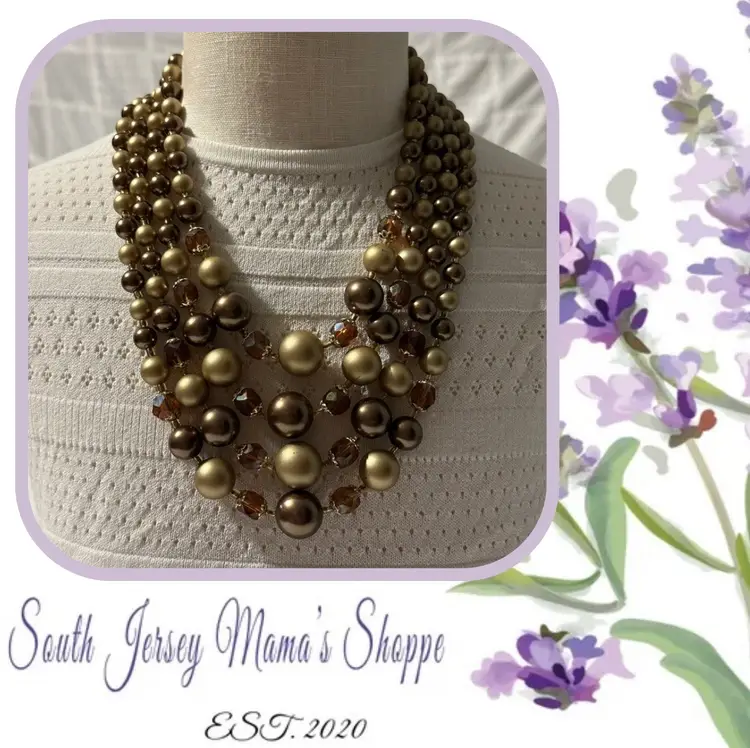 Vintage Japan Four Strand Shades Of Green And Goldish Brown Acrylic And Glass Beaded Necklace