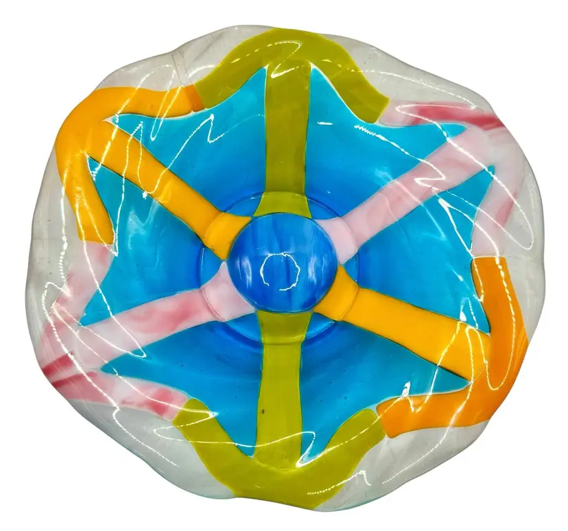 Fused Studio Art Glass Serving Centerpiece Bowl Round Rainbow Arrow Colorful