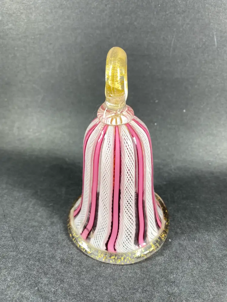 Murano Art Glass Zanfirico Latticino Pink White Ribbons Bell