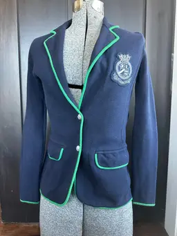 Lauren Ralph Lauren Navy Knit Embroidered Blazer Jacket Size XSBadge Crest Lions
