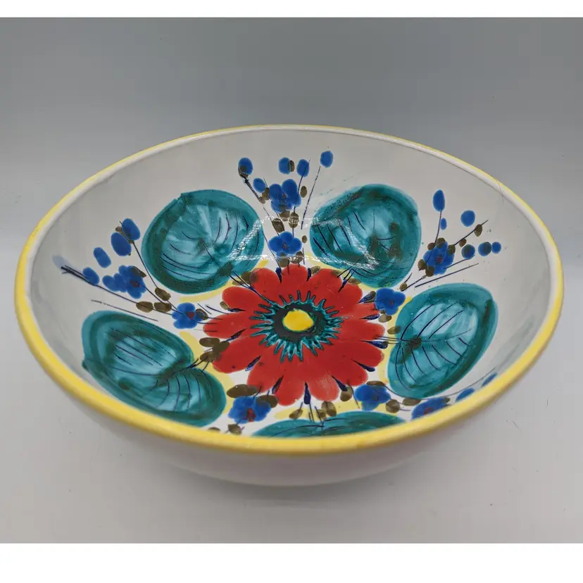 Vintage Pottery Bowl Made in Italy Floral Design Red Flowers