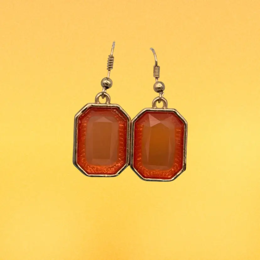 Orange Faceted Drop Earrings – Octagon Stone Dangle Earrings, Gold-Tone Setting