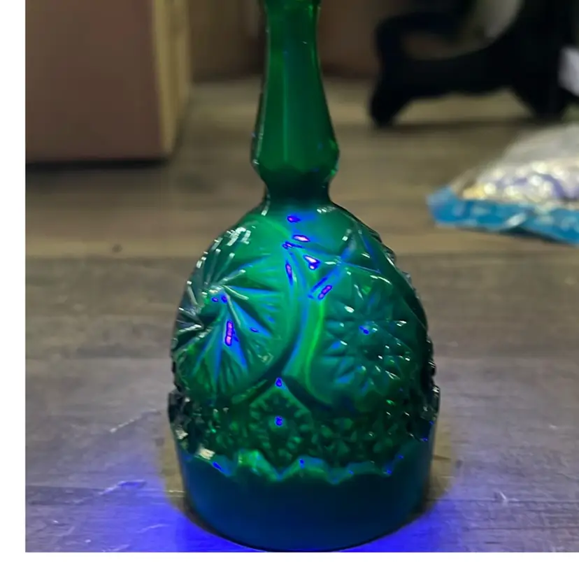 Very Old Green Uranium Glass Bell With Hobstar Design… Cannot Confirm Maker But Beautiful Condition And Still Has Dinger! 4.5”