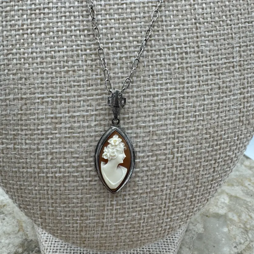 Antique Art Deco Filigree Y Drop Connector 925 Sterling Silver Cameo Necklace “Tested”