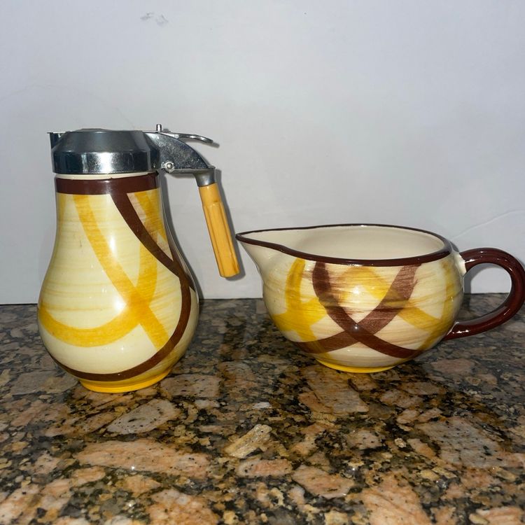 Vernon Kilns Vernonware Organdie Syrup Dispenser pitcher & Gravy Boat Bowl Vtg