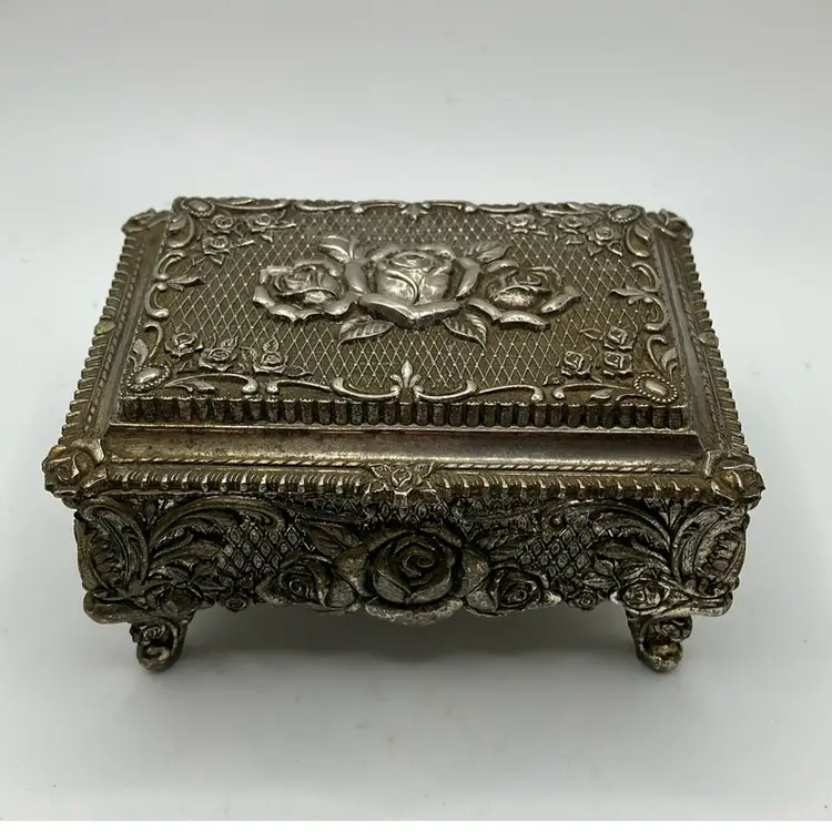 Hinged Metal Jewelry Trinket Box w/ Pin