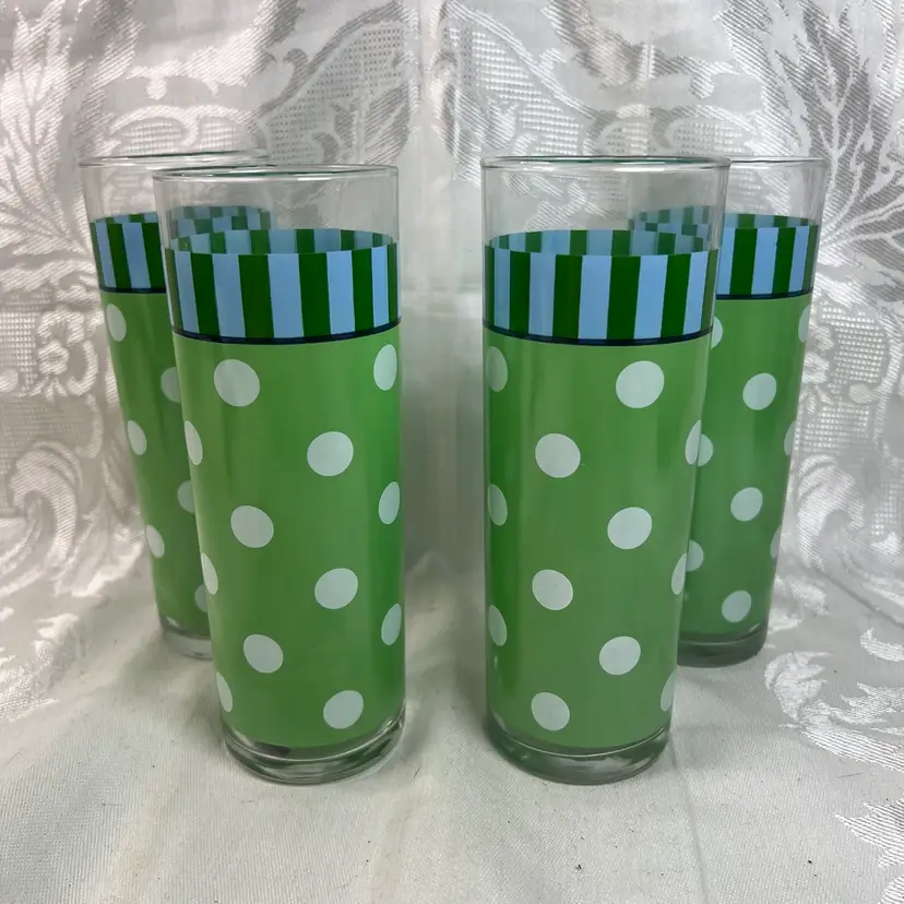 014 Set Of 4 Gail Pittman Provence Tom Collins Highball Glasses Green Blue Polk A Dot 7" X 2.5"  12oz.