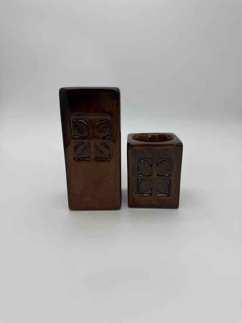 Vtg. Decorative Fall Festive Brown Drip Glazed Column Tealight Candle Holders