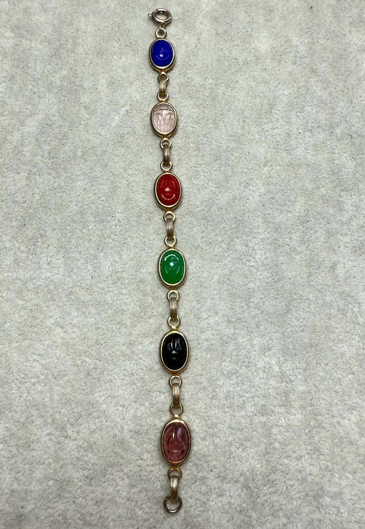 Vintage 7.5" Egyptian Revival Scarab Beetle Bracelet Semi Precious & Glass Gold Tone