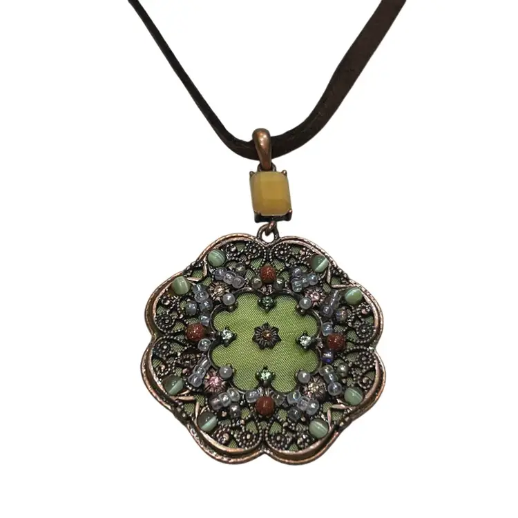 Vintage Beaded Copper Pendant On Suede Cord 2.5” UV glow