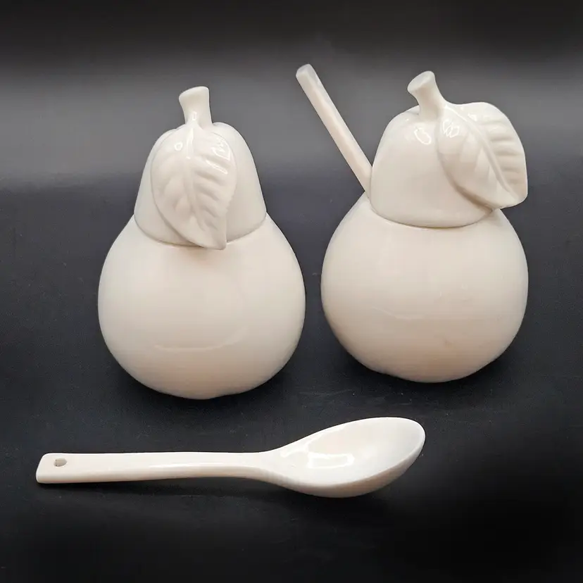 Kromer Germany Fruit Pots White Ceramic Pear Jars with Spoons Vintage Set of 2