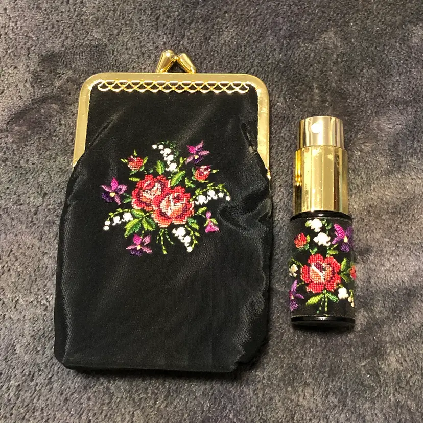 Vintage Petit Point Embroidered Floral Coin Purse Wallet and Perfume Bottle