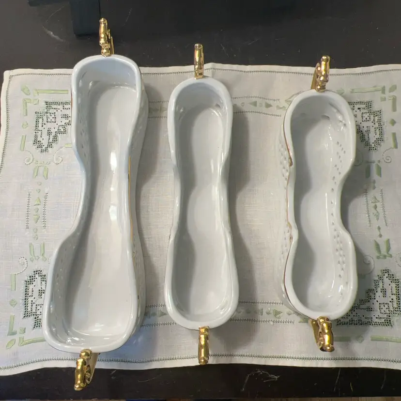 NOS Set of 3 Porcelain Treasures Flatware Utensil Caddies Gold Trim Knife Fork Spoon In Box