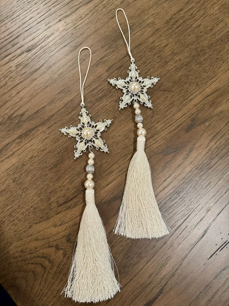 10” long 3” wide. Set of elegant jeweled snowflake christmas ornaments with pearl and bead tassels