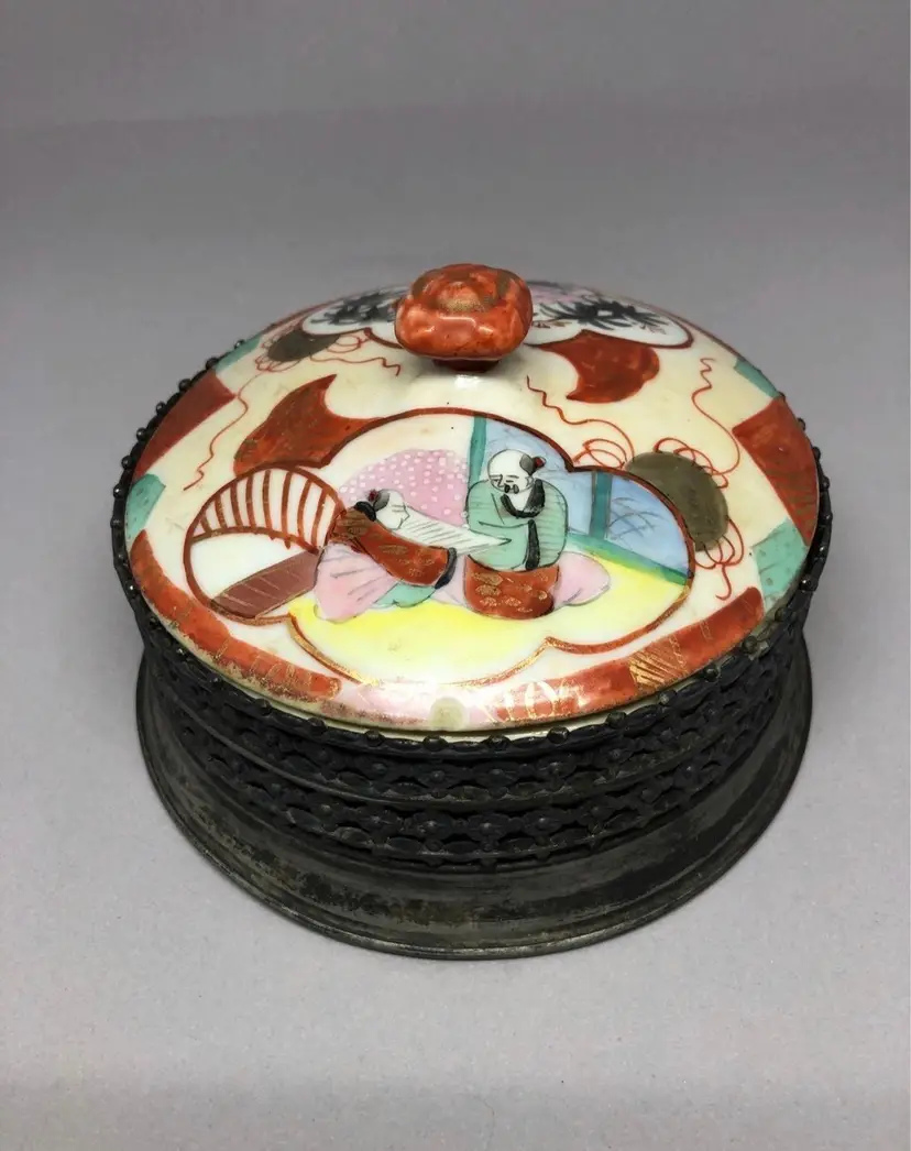 Antique Sterling Vitrified China East Liverpool Ohio Trinket Dish with Lid