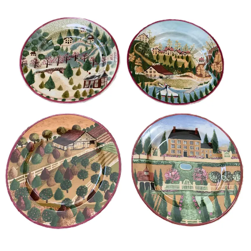 Block Country Village Dessert Plates Four Seasons Gear Set 4 Vintage Country Farmhouse