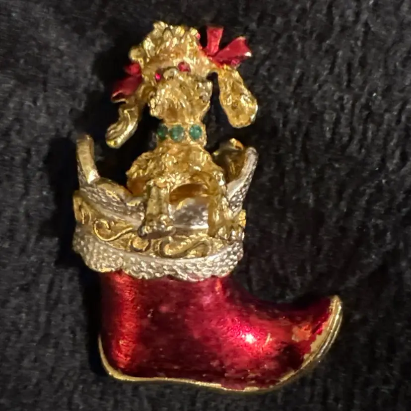 MYLU Brooch Christmas Poodle in Santa Boot Enamel Goldtone Vintage Red