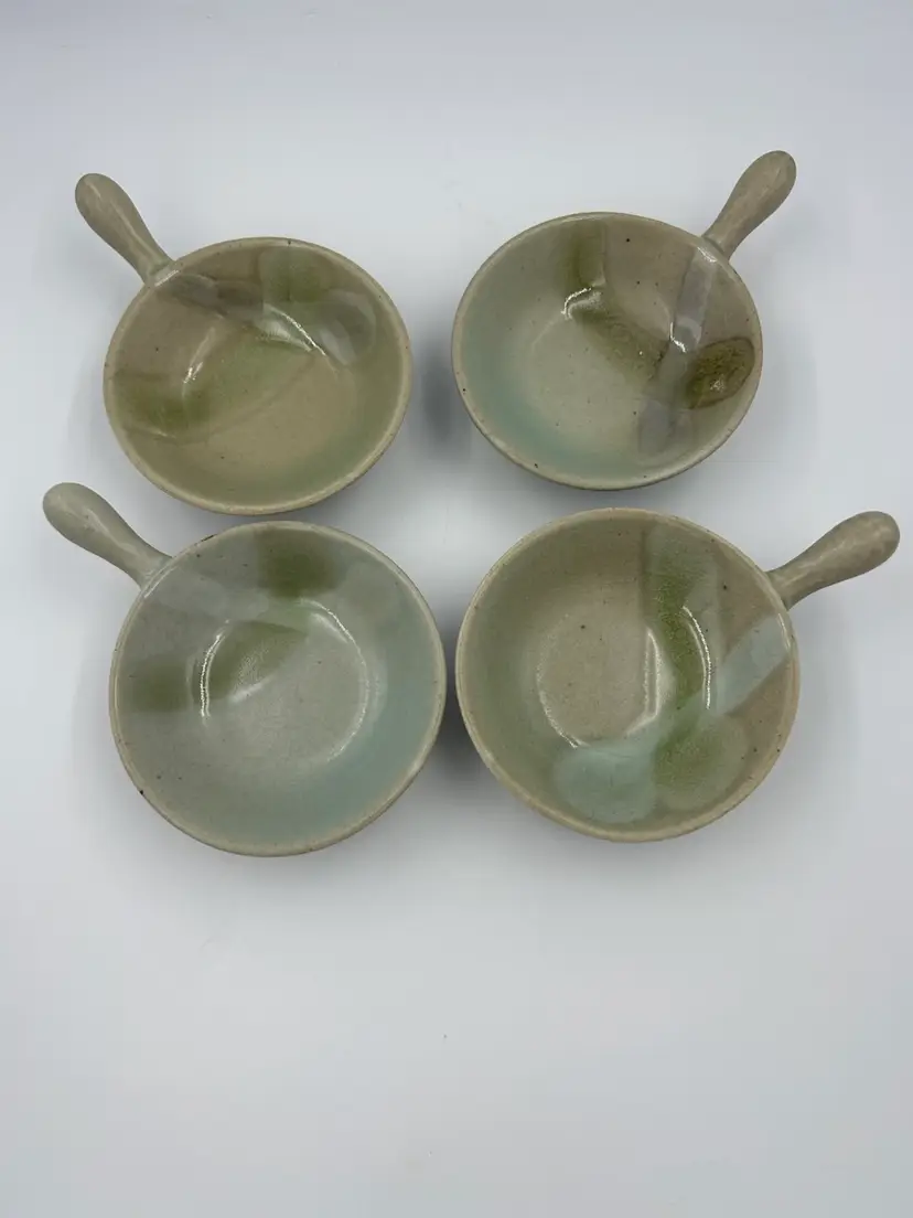 4 studio art pottery snack/sauce/condiment Green crackle glazed handled bowls