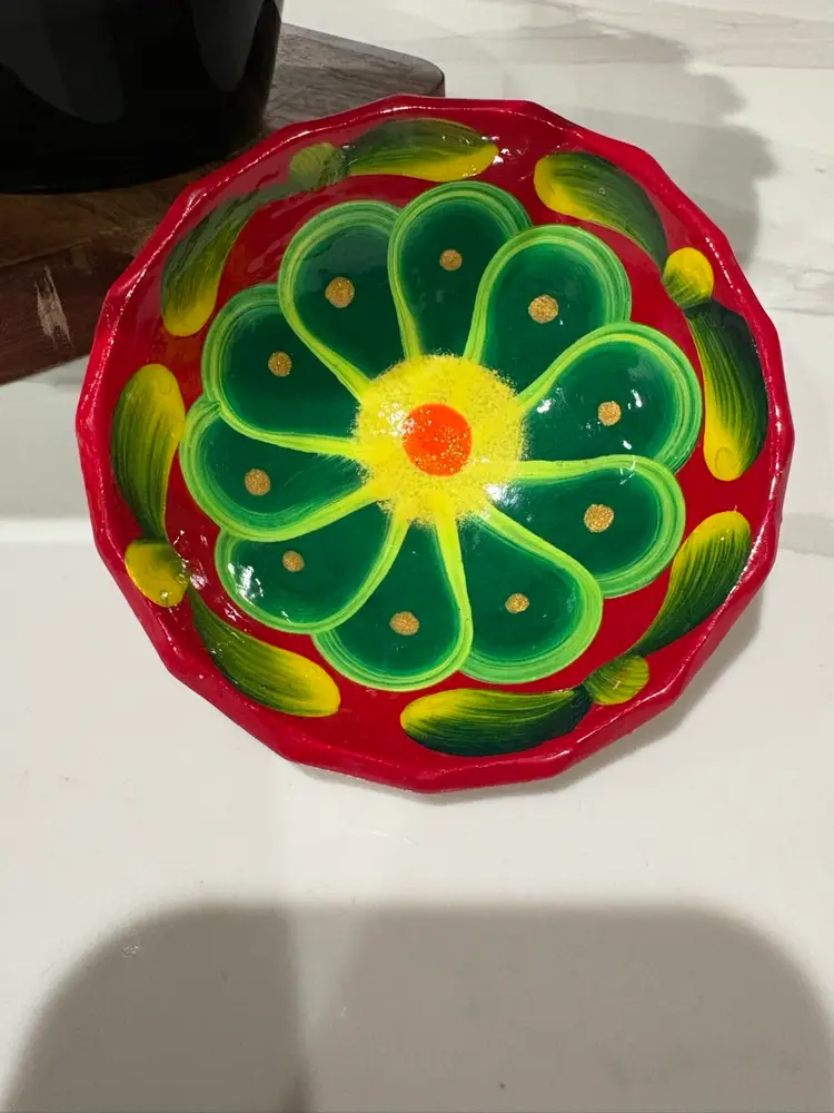 Handpainted Mexican Terra Cota Small Dish Glows Under Black Light