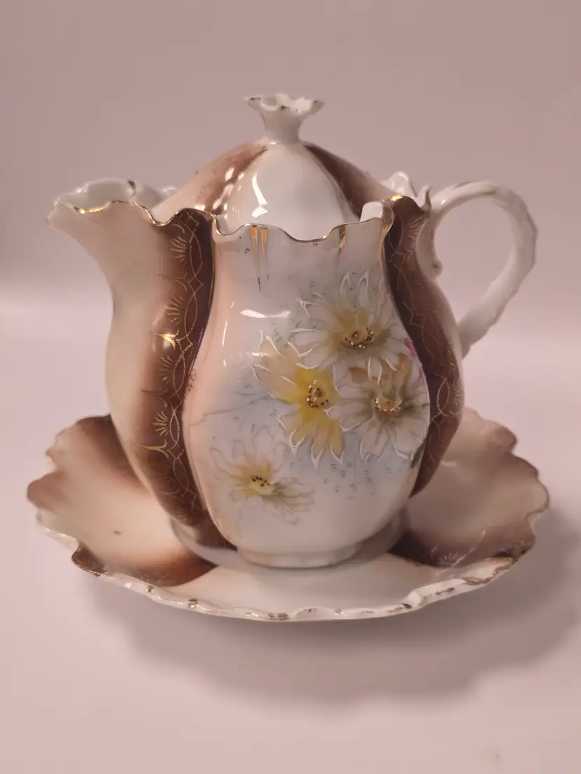 Antique RS Prussia Style German Porcelain Lidded Teapot Underplate Set Daisy