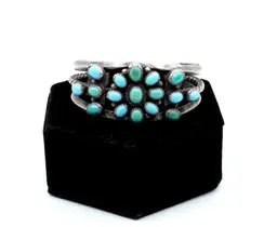 Native American sterling silver turquoise cluster flower cuff bracelet 53.10g