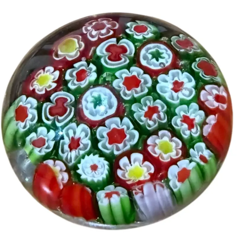 vintage Millefiori paperweight, likely originating from Murano, Italy, and crafted using a traditional technique meaning "thousand flowers"