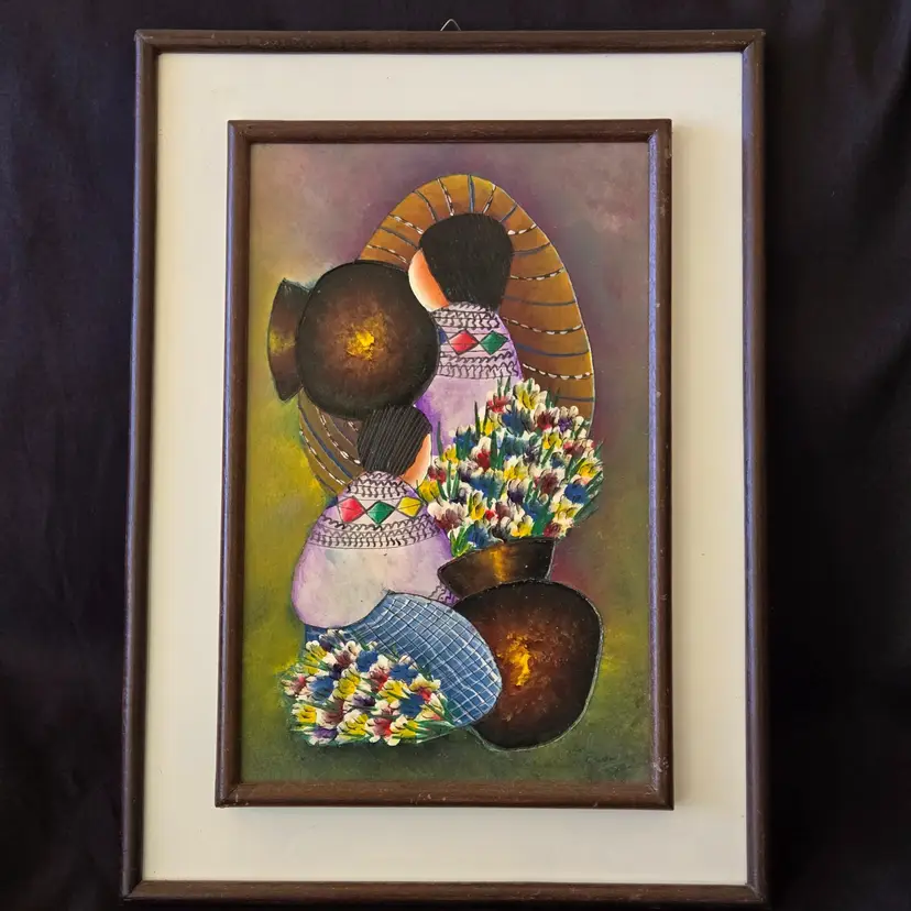 Folk Art Wood Painting Leonel Fernandez Signed Women Guatemala Mayan Framed