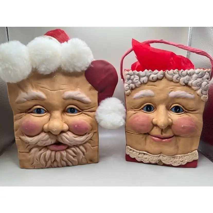 #01 Vintage Signed, Dated and Hand-painted Ceramic Santa and Mrs. Claus Gift Bags/Planters/Vases ~ Festive Holiday Decor ~ Santa, 6.75 inches tall ~ Mrs. Claus, 6.25 inches tall