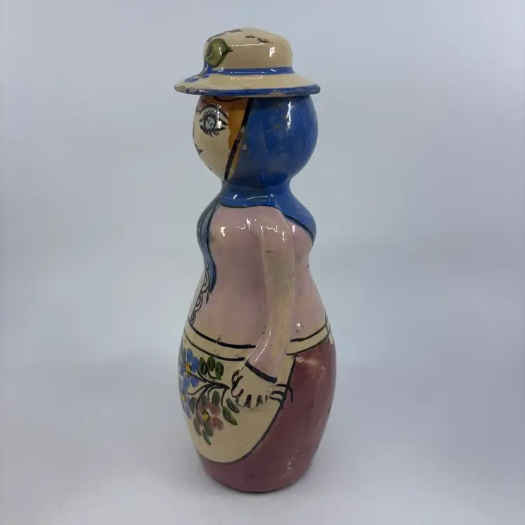 Portuguese Handpainted Ceramic Woman Honey Jar 7”