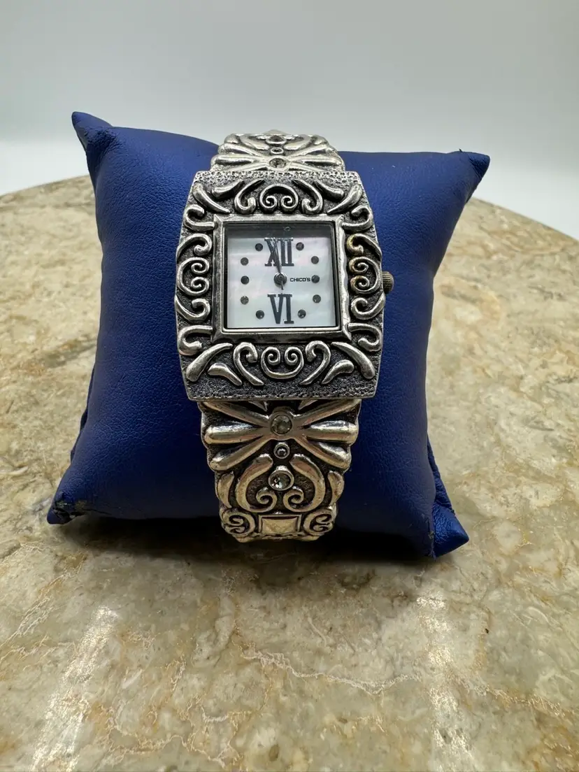 Chico's Womens Watch Mother Of Pearl Dial Silver Tone Scroll Rhinestone Open Cuff Running With New Battery