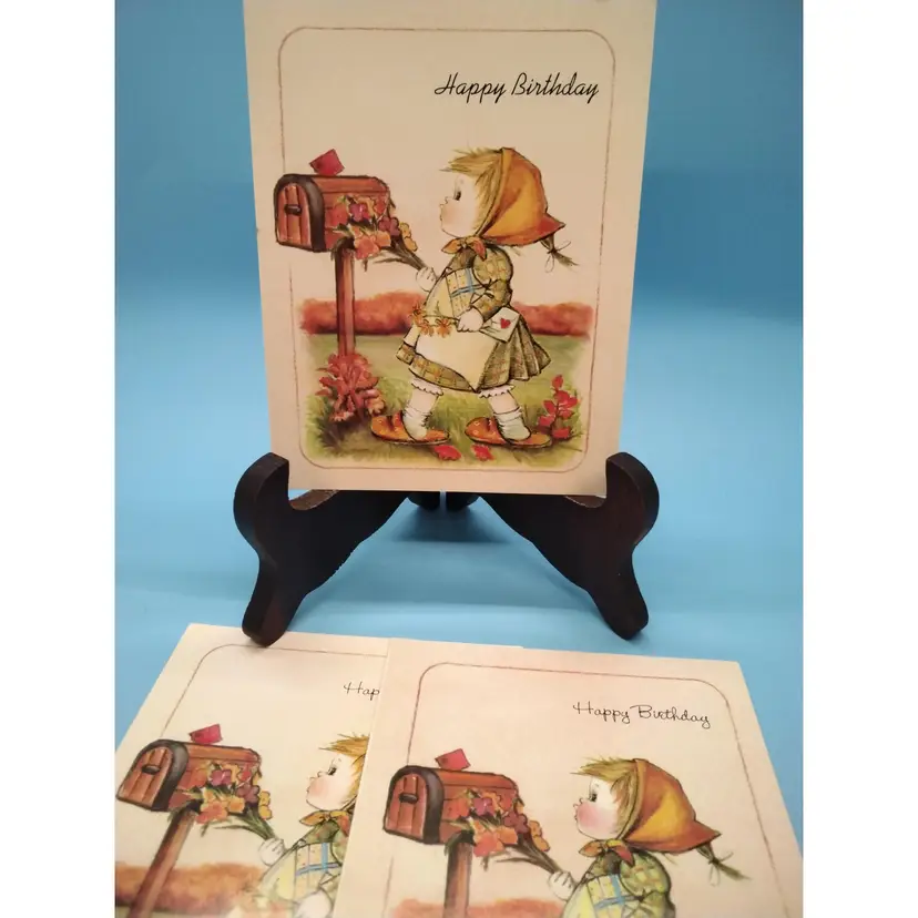 Vintage Happy Birthday Greeting Cards with Girl and Mailbox Illustration