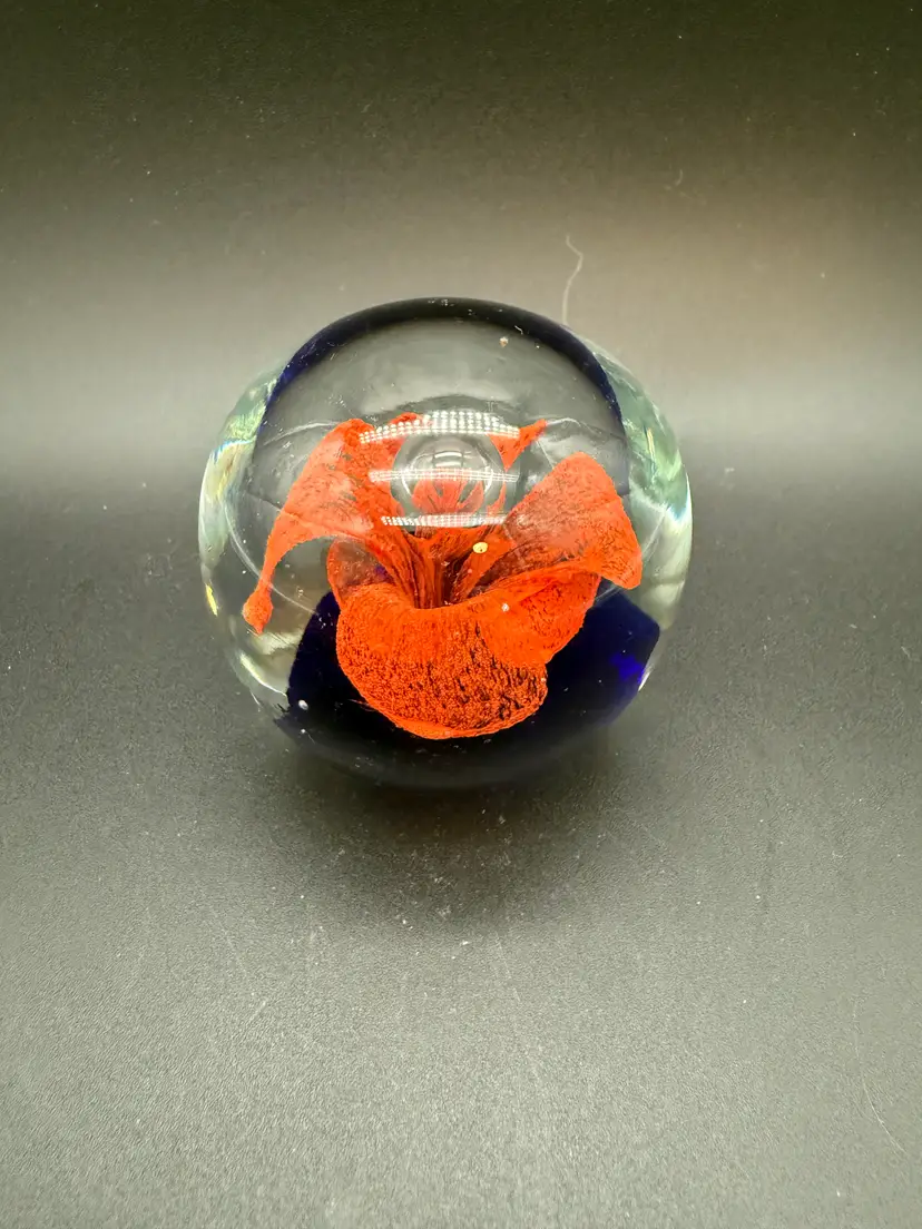 Vintage Art Glass Orange Flower Blue Base Controlled Bubble Paperweight Red Orange Flower