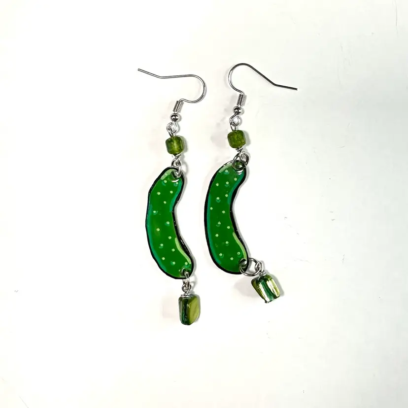 Handmade Pickle Earrings Shrink Plastic Shell Bead Silver Tone 2” L