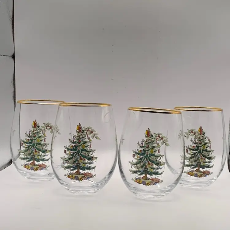 SPODE Christmas Tree 16oz Stemless Wine Glasses. Set Of Four With Gold Trim On The Lip.