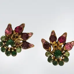 Florenza Gold Tone Flower Clip-on Floral Earrings. Rhinestones In Shades Of Pink And Green