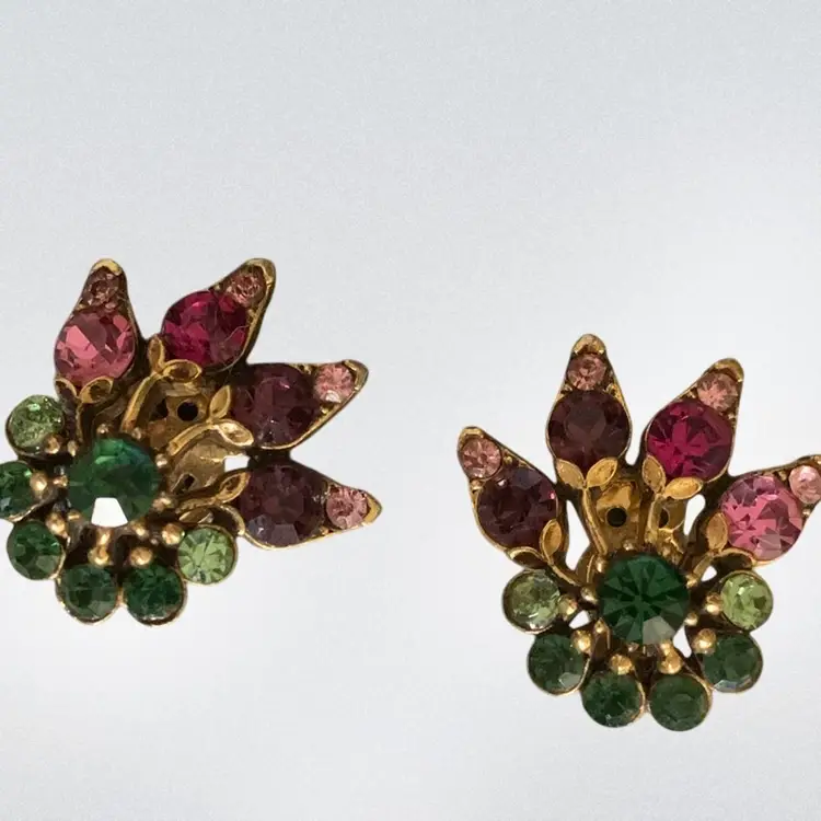 Florenza Gold Tone Flower Clip-on Floral Earrings. Rhinestones In Shades Of Pink And Green