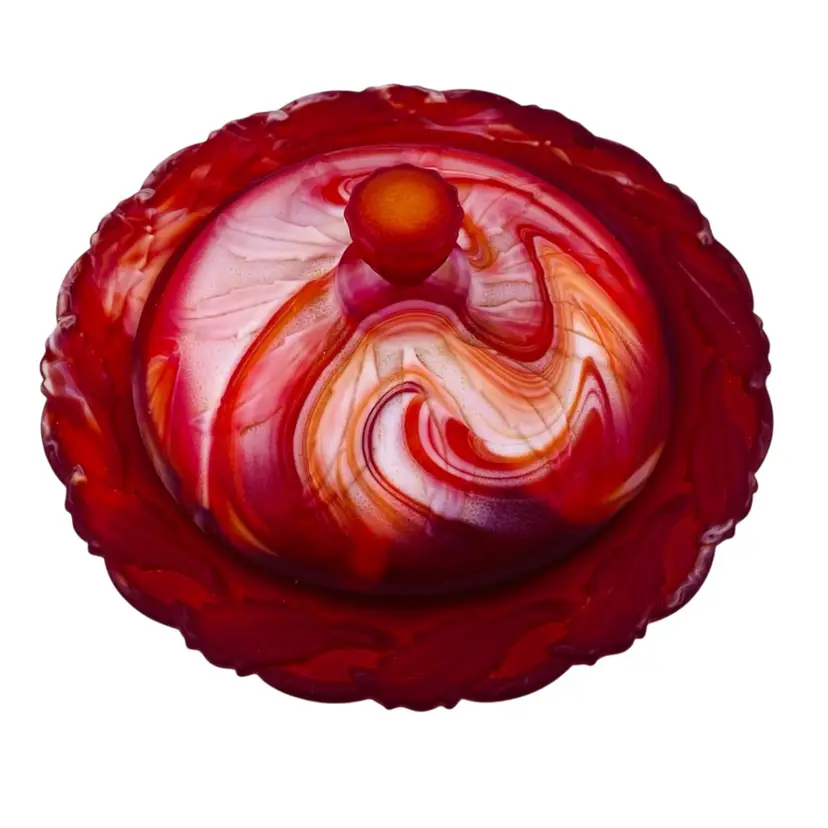 Vintage Red Slag Glass Butter Dish Swirl Marked Imperial Cottagecore