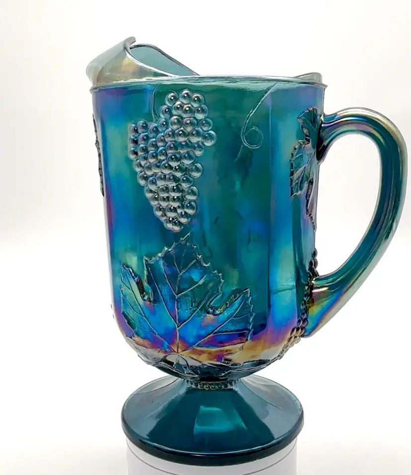 Indiana Glass Blue Carnival Harvest Grape Pitcher + 3 Goblets | Vintage 1970s *GLOWS*