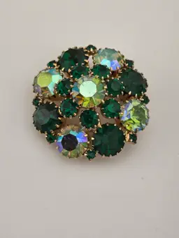 Weiss Green and AB Rhinestone Brooch