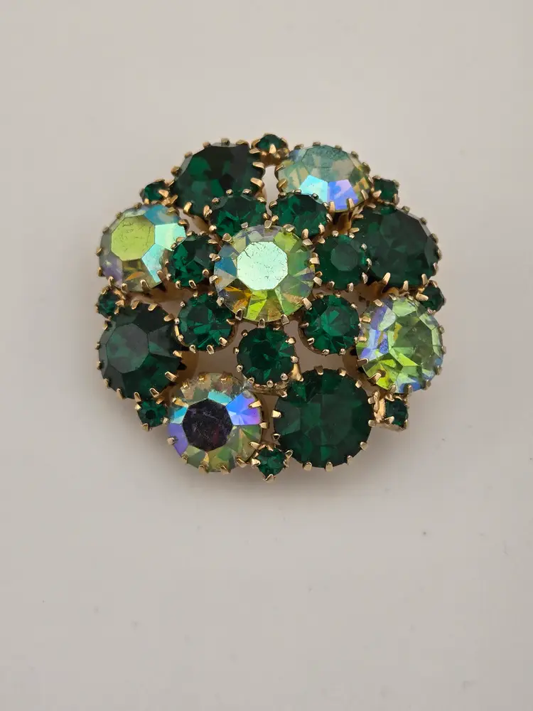 Weiss Green and AB Rhinestone Brooch