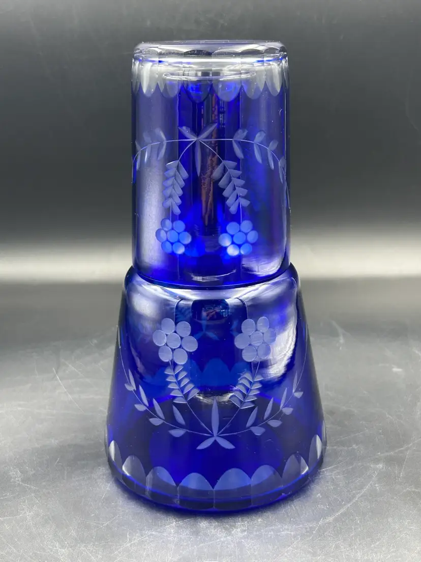 Vintage Cobalt Blue Cut To Clear Tumble Up Bedside Decanter Pitcher