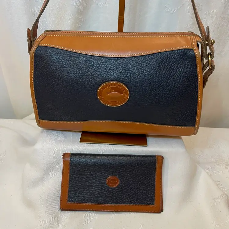 Dooney & Burke Vintage Dark Blue with Brown Trim Leather Shoulder Bag with Checkbook Holder