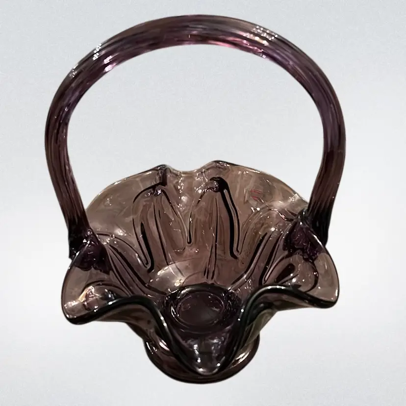 Fenton Amethyst Art Glass Small Basket , Ruffled Edge, 3.5” Wide, With Applied Handle Stamped