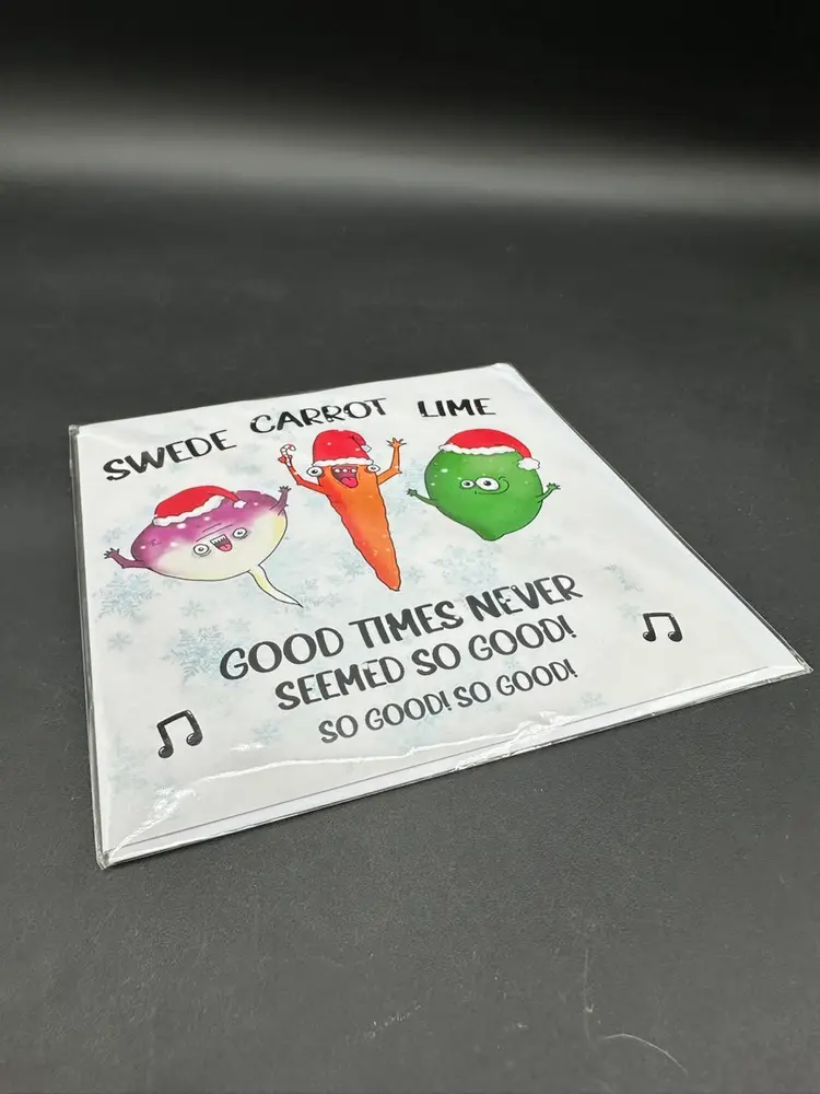 “Swede Carrot Lime” Neil Diamond Spoof Anthro Veggie Christmas Holiday Greeting Card, Unused 6”x6”