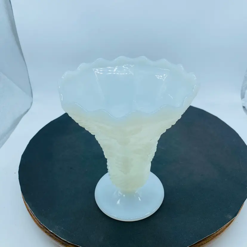 #0810 -  White Milk  Glass Vase With Grape And Leaf Pattern