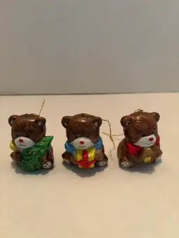 Vintage Set of 3 Porcelain Teddy Bear Christmas Ornaments Brown 2 inches Tall